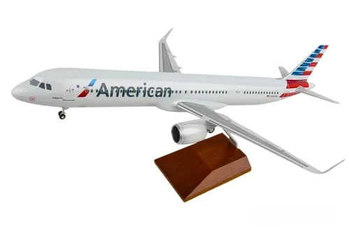American Airlines A321neo model airplane with extended rolling landing gear and wood display stand