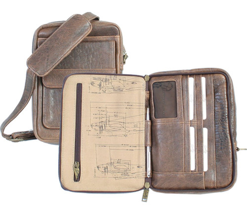 Leather Shoulder Tote Bag with Airplane Schematics