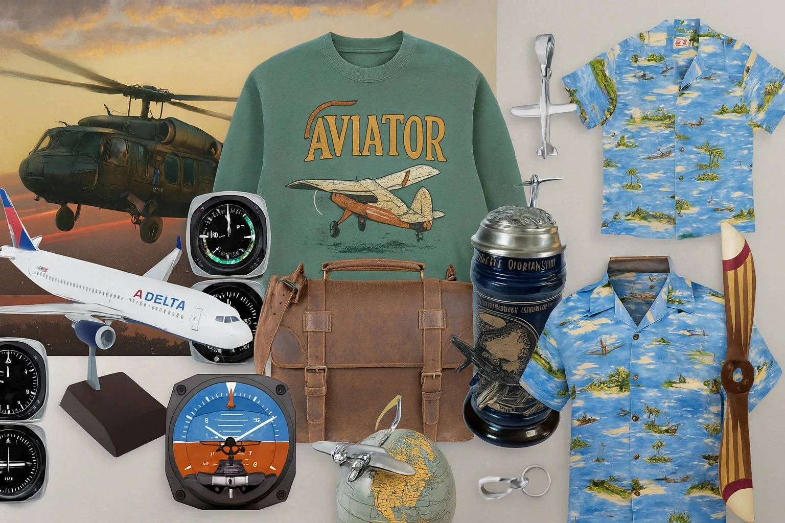 Aviation gifts for pilots: sweatshirt, Hawaiian shirts, instrument clocks, flight bag and wood propeller