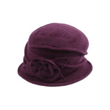 Womens Hat- Purple Boiled wool, 2" brim, bucket shape, ribbed detail, rose accent