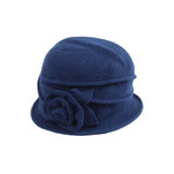 Womens Hat- Navy Boiled wool, 2" brim, bucket shape, ribbed detail, rose accent