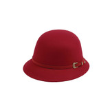 Womens Cloche- Red 100% polyester felt, 1" brim, belt buckle hat brim