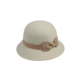 Ivory Cloche, 100% polyester, 2"brim, ribbon with bow hat band