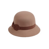 Light Brown Cloche, 100% polyester, 2"brim, ribbon with bow hat band