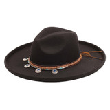 Black Womens Hat- 100% Polyester felt, fedora crown, 4" kettle brim, silver bead leatherette hat band