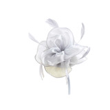 Grey Fascinator- 100% Polyester, sheer net headpiece, flower shape with feathers, headband and alligator clip