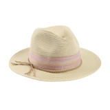 Womens Hat - Paper braid, flat brim, fedora style, colorful poly wide hat band and braid leather tie, elastic tie in the sweatband, 57cm