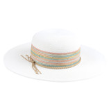 White Womens Hat - Paper braid, round crown, flat brim, fedora style, colorful poly wide hat band and braided leather tie, elastic in the sweatband, 57cm