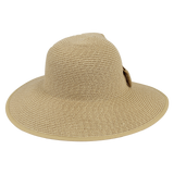 Women’s Bow Sun Hat with Ponytail Hole – 100% Paper Straw. Tan tweed, front.