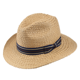 Mens Fedora, paper braid, grosgrain striped ribbon hat band, Tan
