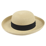 Womens medium kettle brim hat, wide black grosgrain hat band with bow. Tan tweed