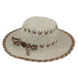 Womens Hat- Beige - Crocheted Toyo, criss cross braid hatband with bow and button detail, 3.5" brim