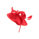 Red fascinator disc with spiral accents and feathers.