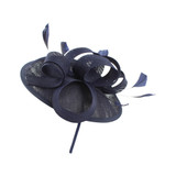 Navy fascinator disc with spiral accents and feathers.