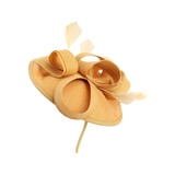 Gold fascinator disc with spiral accents and feathers.