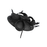Black fascinator disc with spiral accents and feathers.