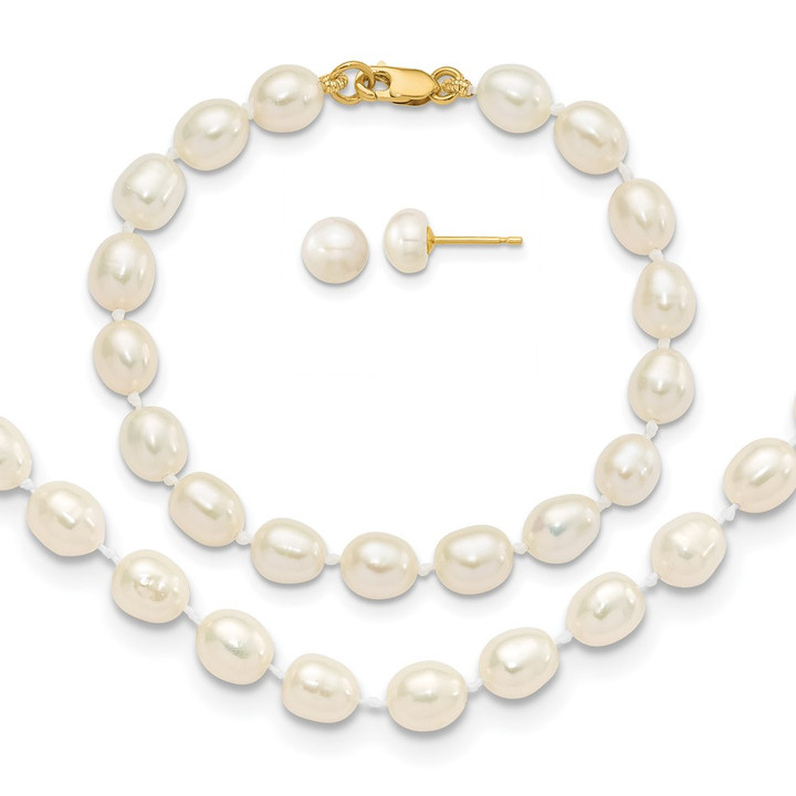 14k 5-6mm FW Cultured Pearl 5in Bracelet, 14in Necklace & Earring Set XF455SET