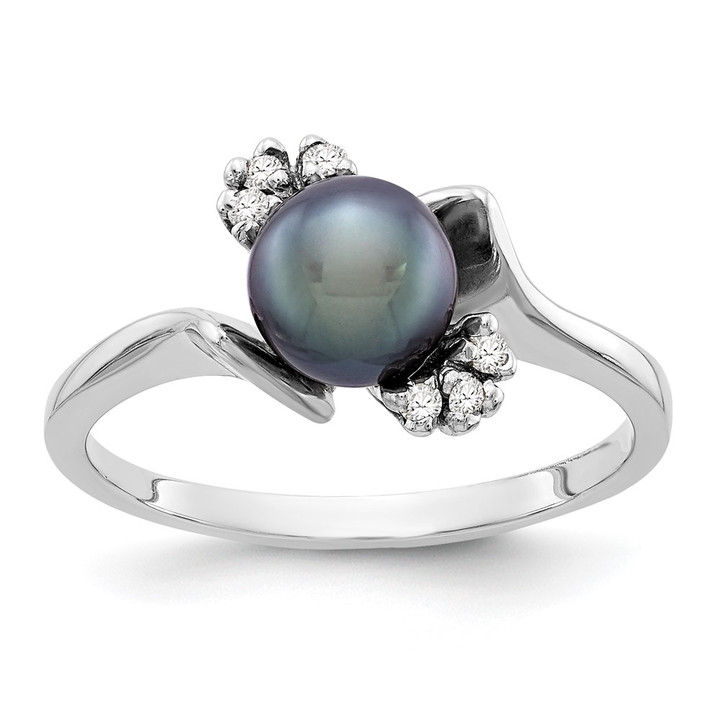 14k White Gold 6mm Black FW Cultured Pearl AAA Diamond ring Y2015BP/AAA