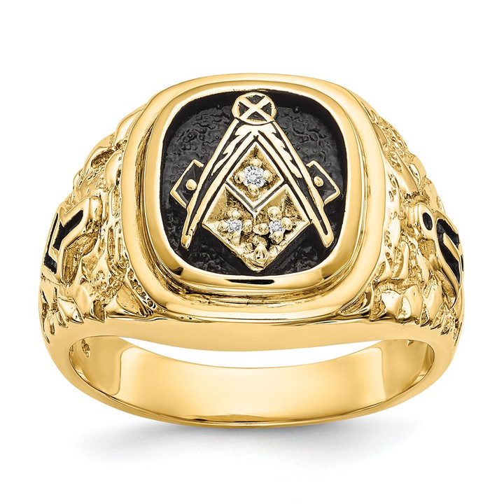 14k Polished, Antiqued and Nugget Texture AA Quality Diamond Masonic Ring Y4035AA