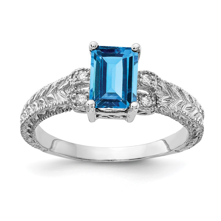 14k White Gold 7x5mm Emerald Cut Blue Topaz AA Diamond ring Y2266BT/AA