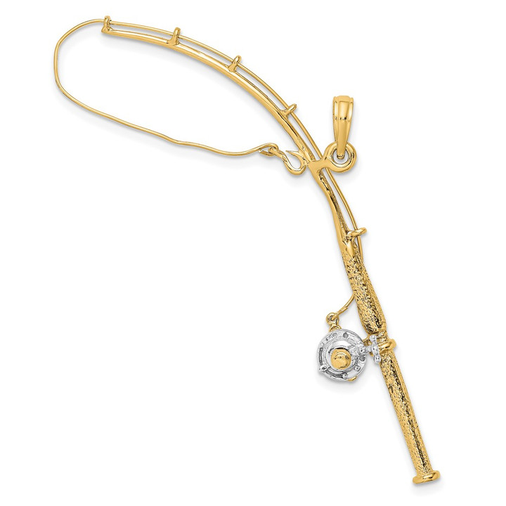 10K w/Rhodium 3-D Moveable Fishing Pole W/ Reel Pendant 10K9051