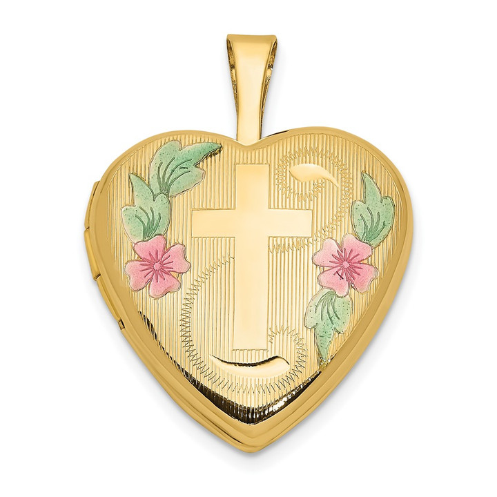 14ky 16mm with Enamel Floral Cross Heart Locket XL796