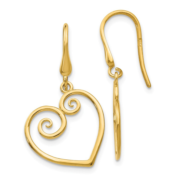 14K Yellow Gold Heart Dangle Shepherd Hook Earrings YE1743