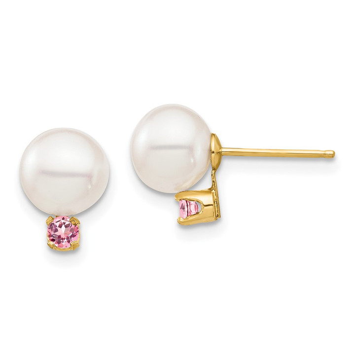 14K 7-7.5mm White Round Freshwater Cultured Pearl Pink Topaz Post Earrings XF753E/PT