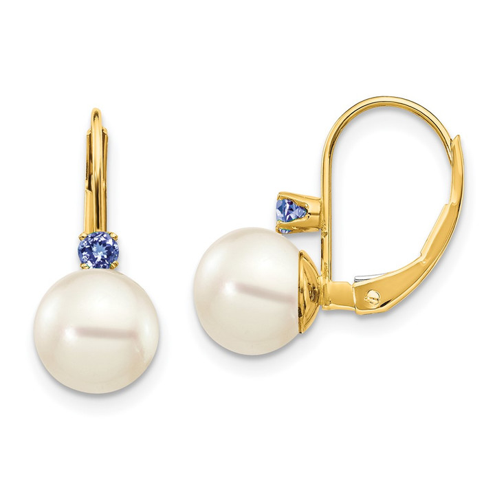 14k 7-7.5mm White Round FW Cultured Pearl Tanzanite Leverback Earrings XLB70T/PL