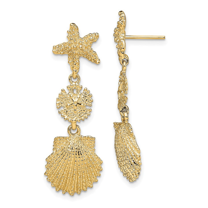 14K Starfish, Sand Dollar ,Scallop Shell Dangle Earrings TE743