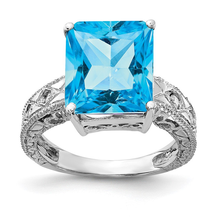 14k White Gold 12x10mm Emerald Cut Blue Topaz AA Diamond ring Y2270BT/AA