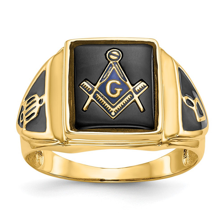 14k Men's Polished, Antiqued & Textured Onyx Masonic Ring Y4098M