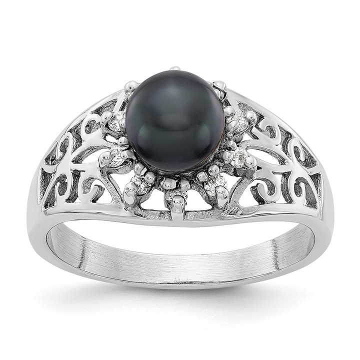 14k White Gold 6mm Black FW Cultured Pearl A Diamond ring Y4385BP/A