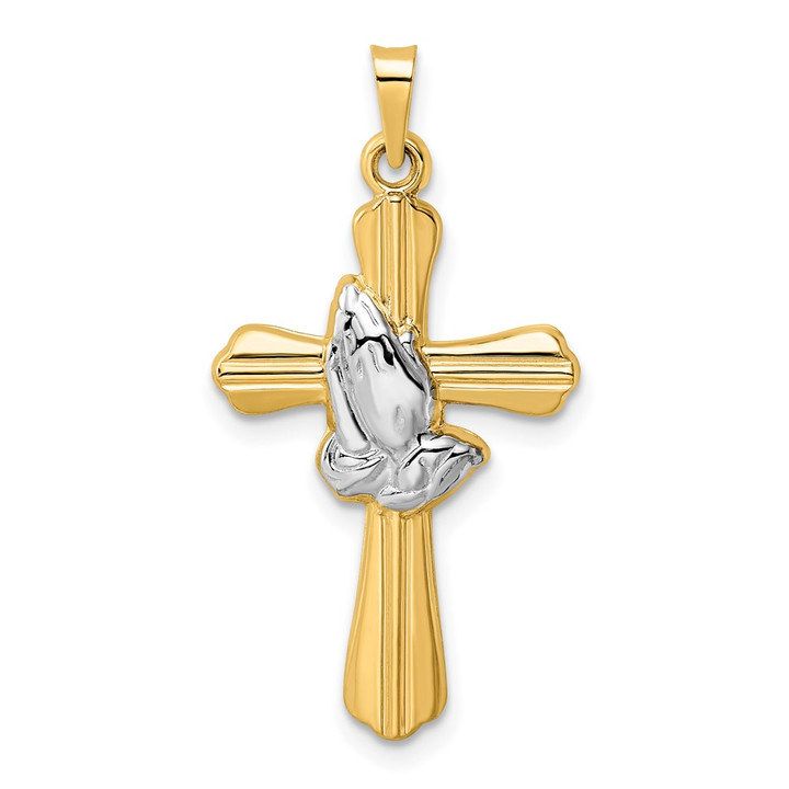 14k w/Rhodium Polished Hollow Praying Hands Cross Pendant XR2026