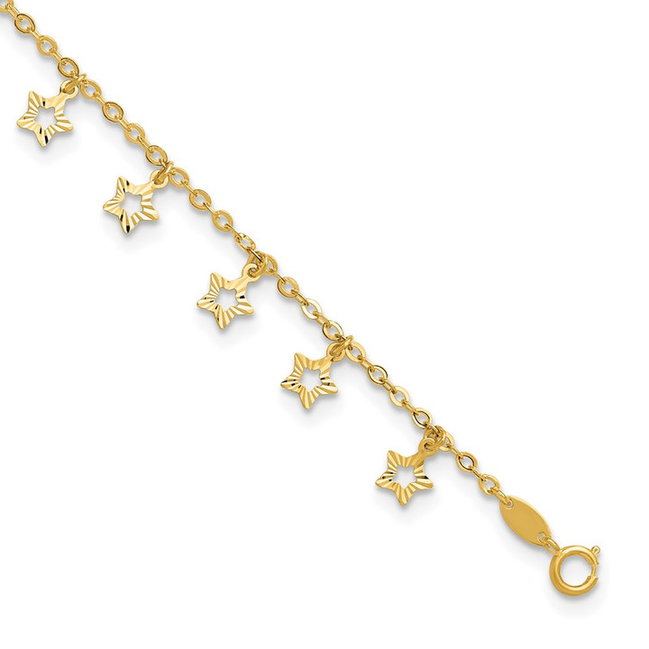 14k Polished and Textured Star 9in Plus 1in ext. Anklet ANK282-10