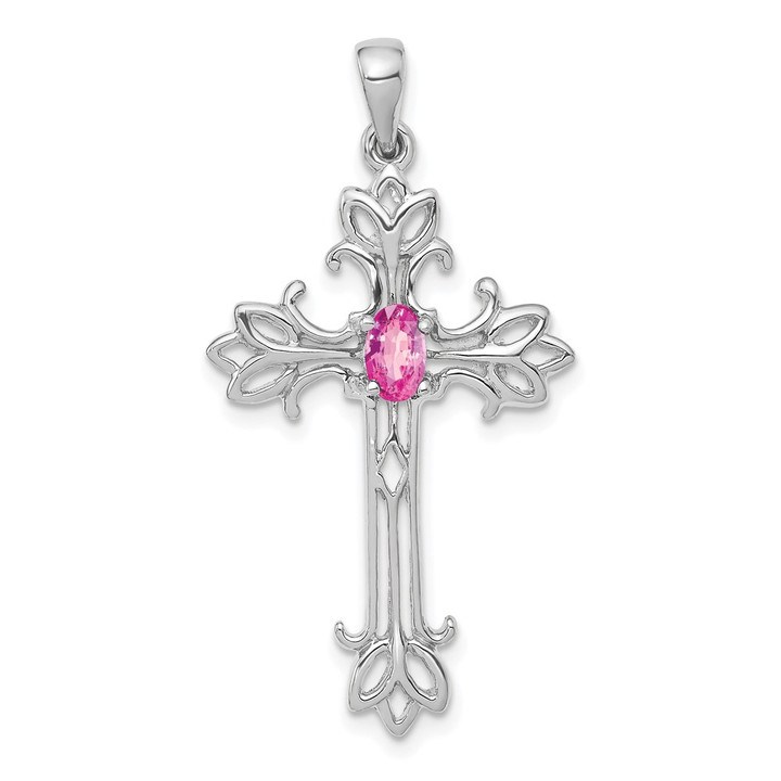 14k White Gold 5x3mm Oval Pink Sapphire cross pendant XP1775WSP