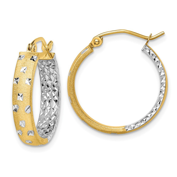 14k w/White Rhodium Satin Polished Diamond-cut In/Out Hoop Earrings TF1575