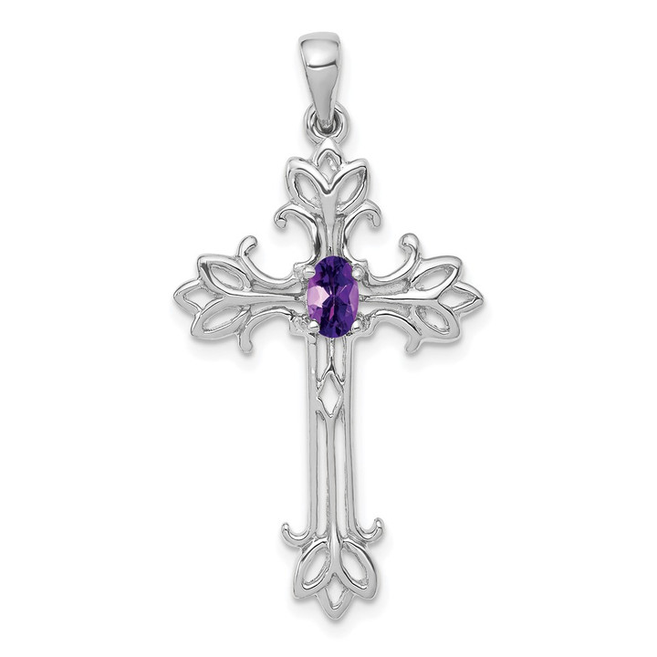 14k White Gold 5x3mm Oval Amethyst cross pendant XP1775WAM