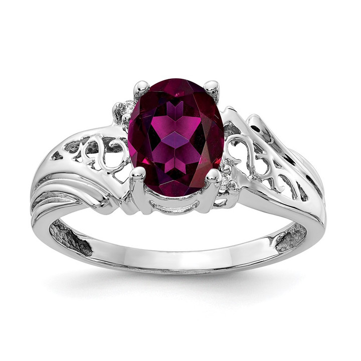14k White Gold 8x6mm Oval Rhodolite Garnet AA Diamond ring Y4684RG/AA