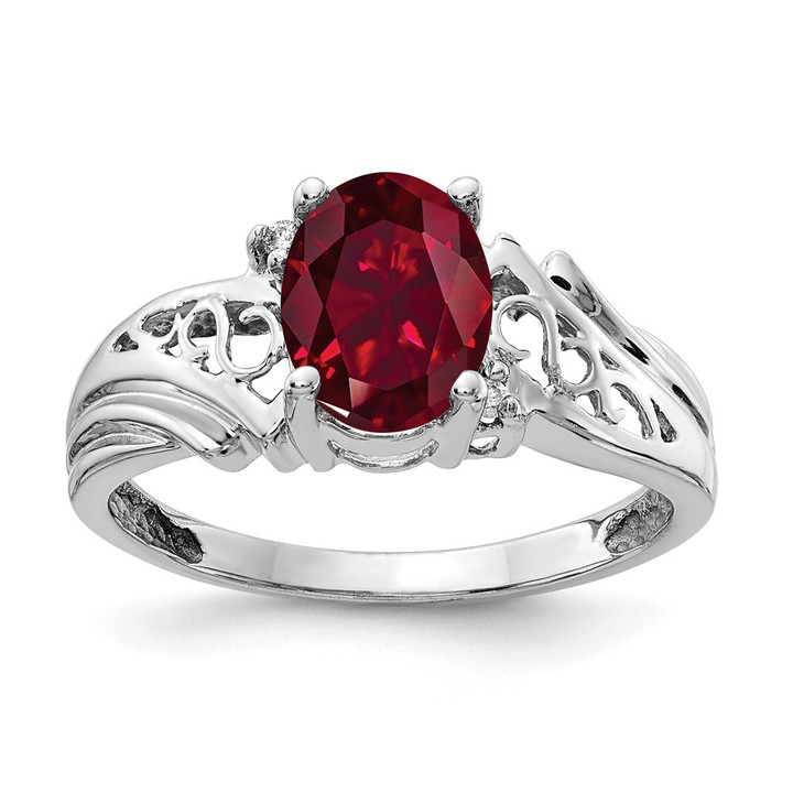 14k White Gold 8x6mm Oval Created Ruby A Diamond ring Y4684CR/A