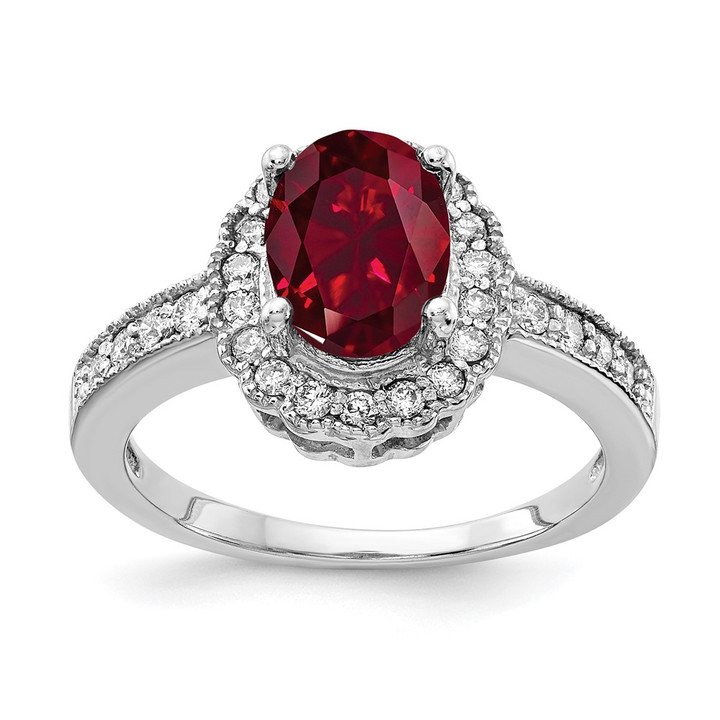14k White Gold 8x6mm Oval Created Ruby AA Diamond ring Y4420CR/AA