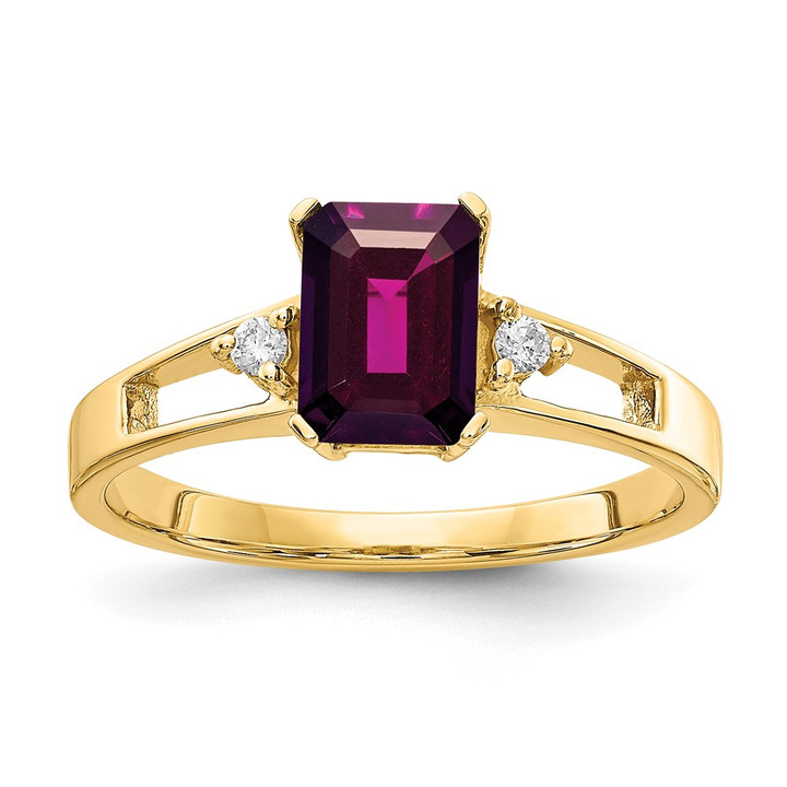 14k 7x5mm Emerald Cut Rhodolite Garnet A Diamond ring Y4757RG/A