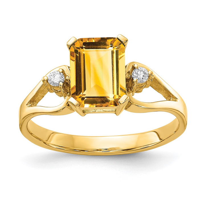 14k 8x6mm Emerald Cut Citrine AAA Diamond ring Y4749CI/AAA