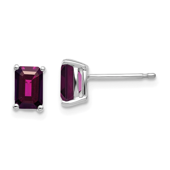 14k White Gold 6x4 Emerald Cut Rhodolite Garnet Stud Earrings XE65WRG