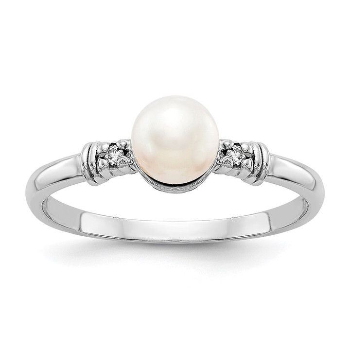 14k White Gold 5mm FW Cultured Pearl AA Diamond ring Y1860PL/AA