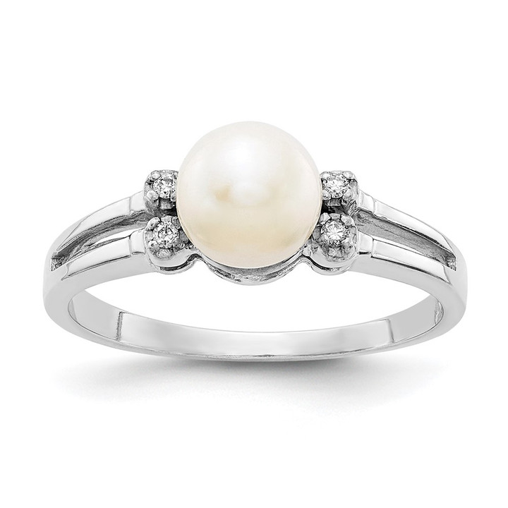 14k White Gold 6mm FW Cultured Pearl AA Diamond ring Y1842PL/AA