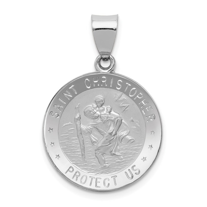 14k White Gold Polished/Satin St Christopher Medal Hollow Pendant XR1301