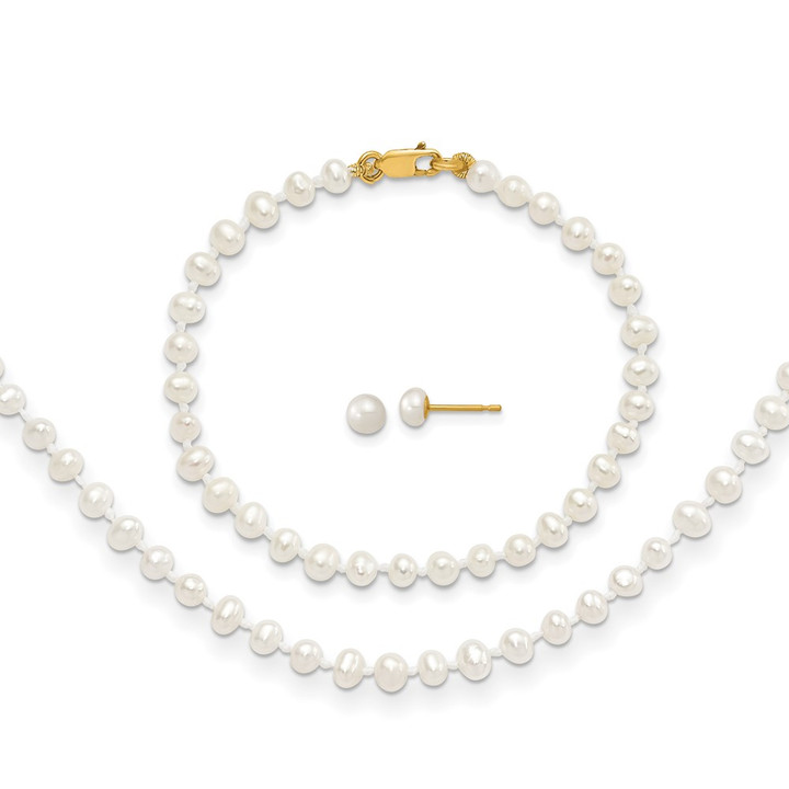 14k 3-4mm FW Cultured Pearl 14in Necklace, 5in. Bracelet & Earring Set XF502SET