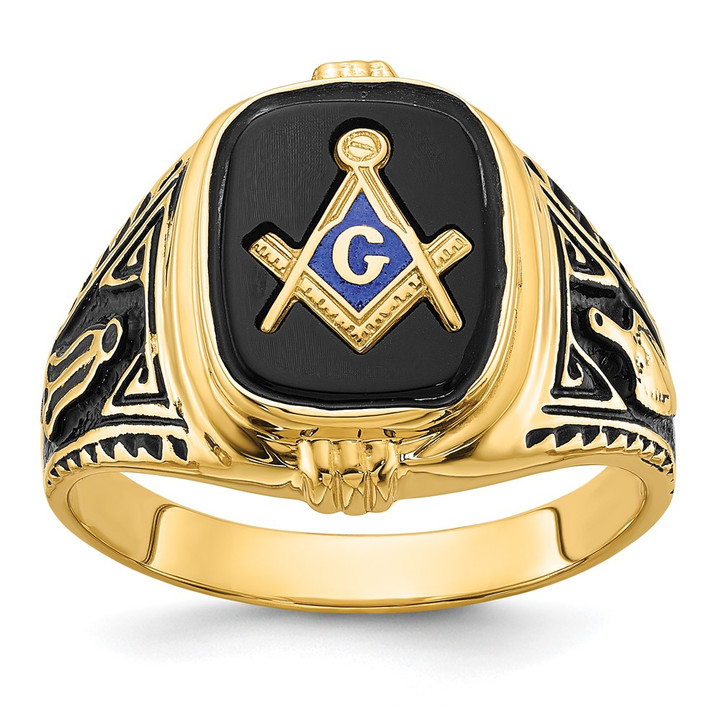 14k Men's Polished, Antiqued and Textured with Onyx Masonic Ring Y4078M