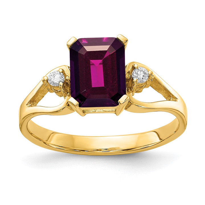 14k 8x6mm Emerald Cut Rhodolite Garnet A Diamond ring Y4749RG/A